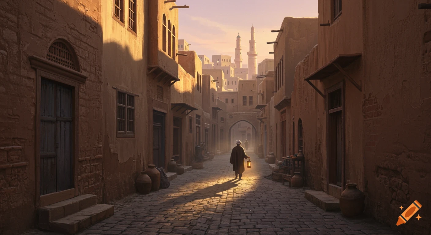 A person with a lantern walks down a narrow, ancient alleyway at dawn, flanked by old buildings, with distant minarets.