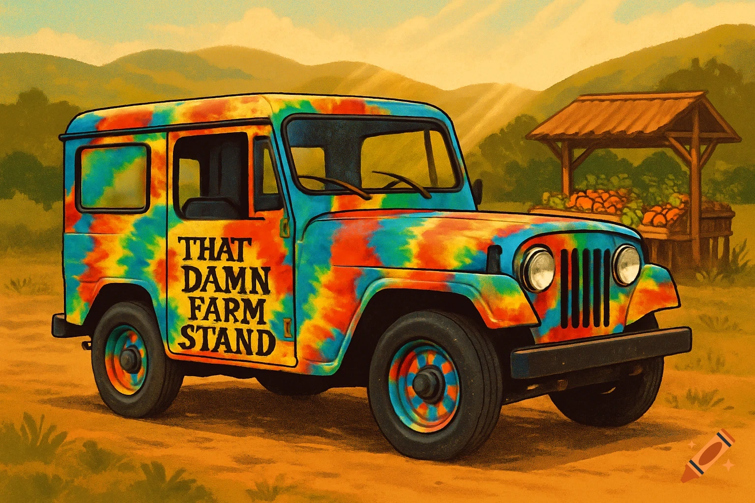 Vibrant illustration of a tie-dye Jeep DJ5 with "That Damn Farm Stand" on its side, parked by a roadside farm stand.