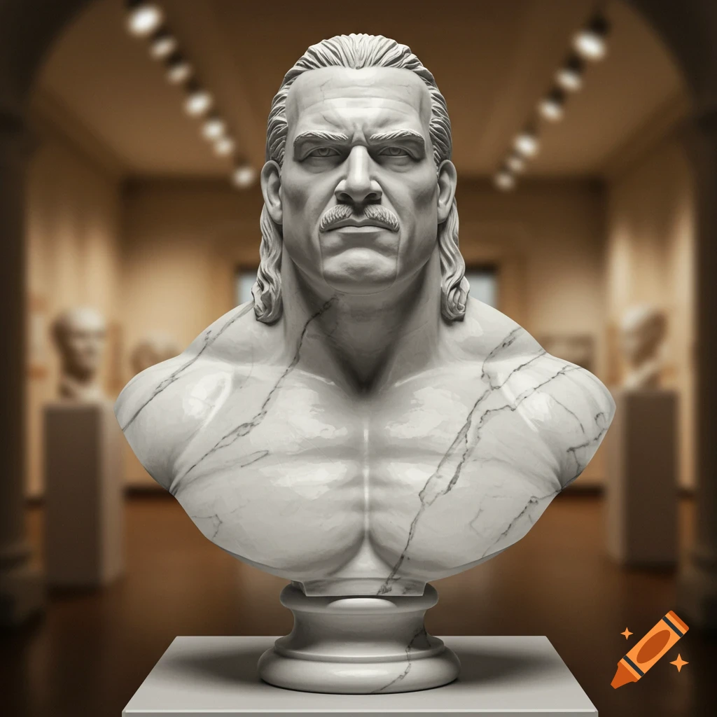 Photorealistic white marble bust of a muscular man with a mustache and long hair, displayed in a museum.