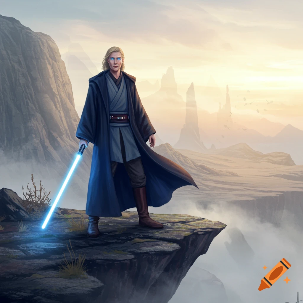 A male Jedi Master with a lightsaber stands on a cliff overlooking a vast, misty desert landscape at sunset, digital art.