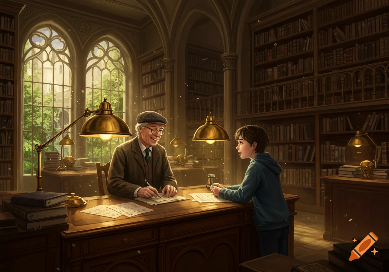 An old man and a boy sit at a wooden desk in a grand library, lit by desk lamps, with large windows overlooking trees.