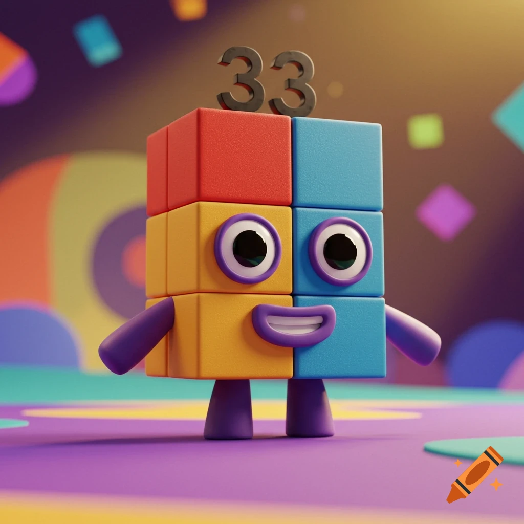 3D render of a colorful block character, Numberblock 33, with '33' on its head, smiling on a vibrant background.