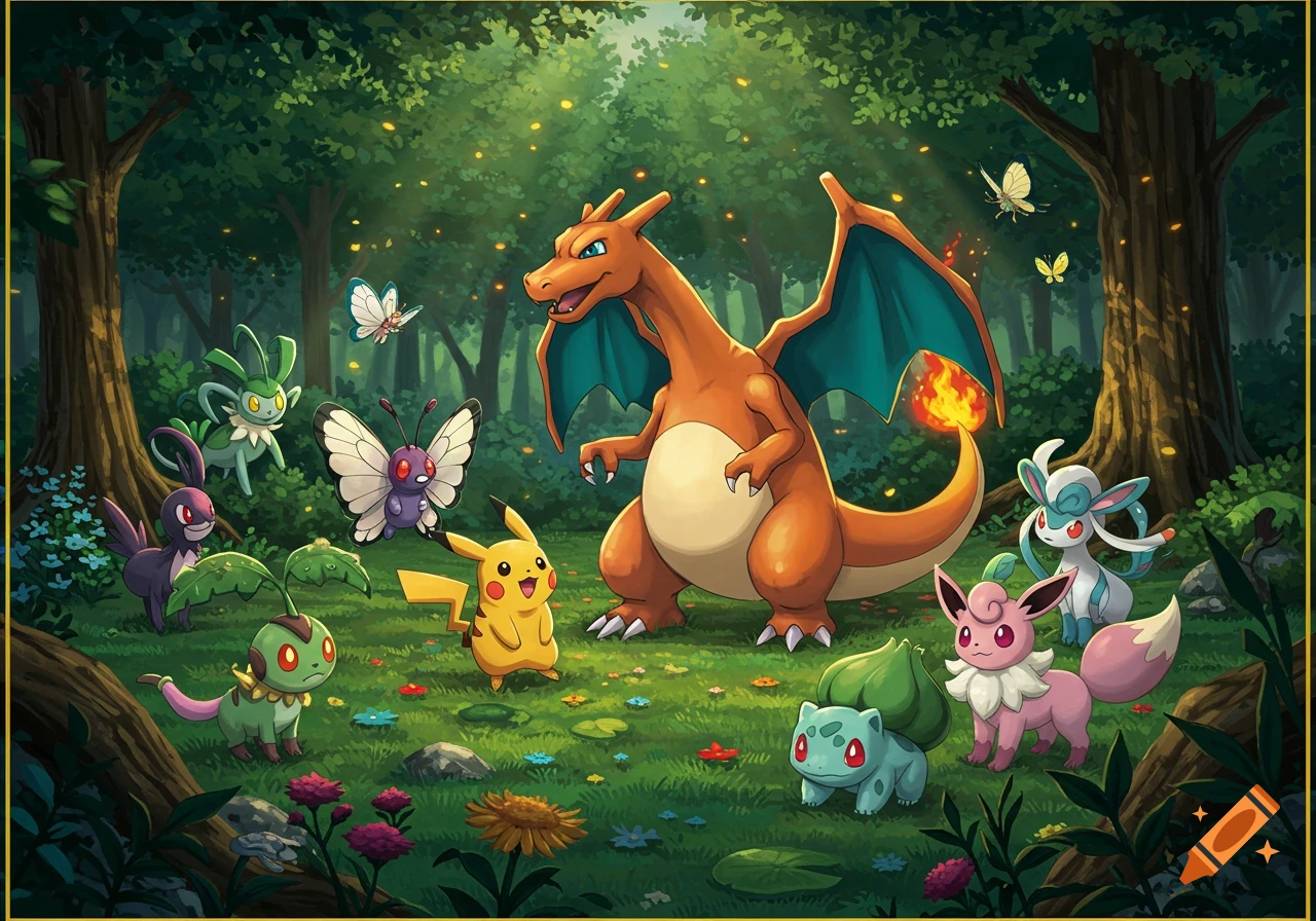 Charizard, Pikachu, Bulbasaur, and other colorful Pok mon gather in a lush, sunlit forest filled with butterflies and flowers.