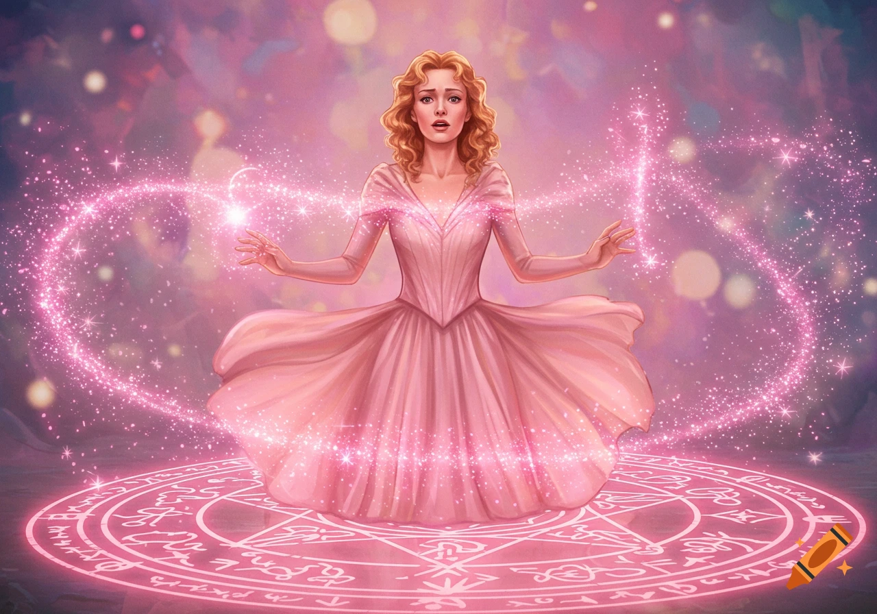 A worried Glinda stands in a glowing pink spell circle, casting magic with sparkling trails around her. Illustration.