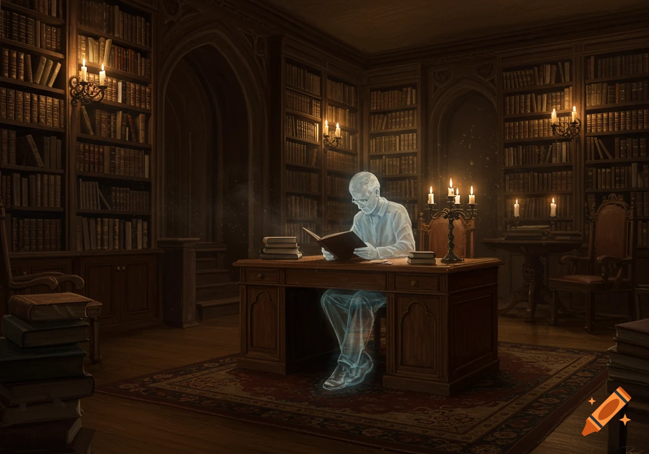 A translucent ghost in glasses sits at a desk reading a book in a dimly lit, mysterious old library filled with bookshelves and glowing candles.