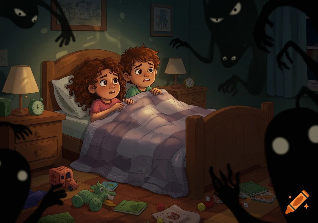 Two scared children huddle in bed as shadowy monsters with glowing eyes surround them in a dark bedroom, illustration.