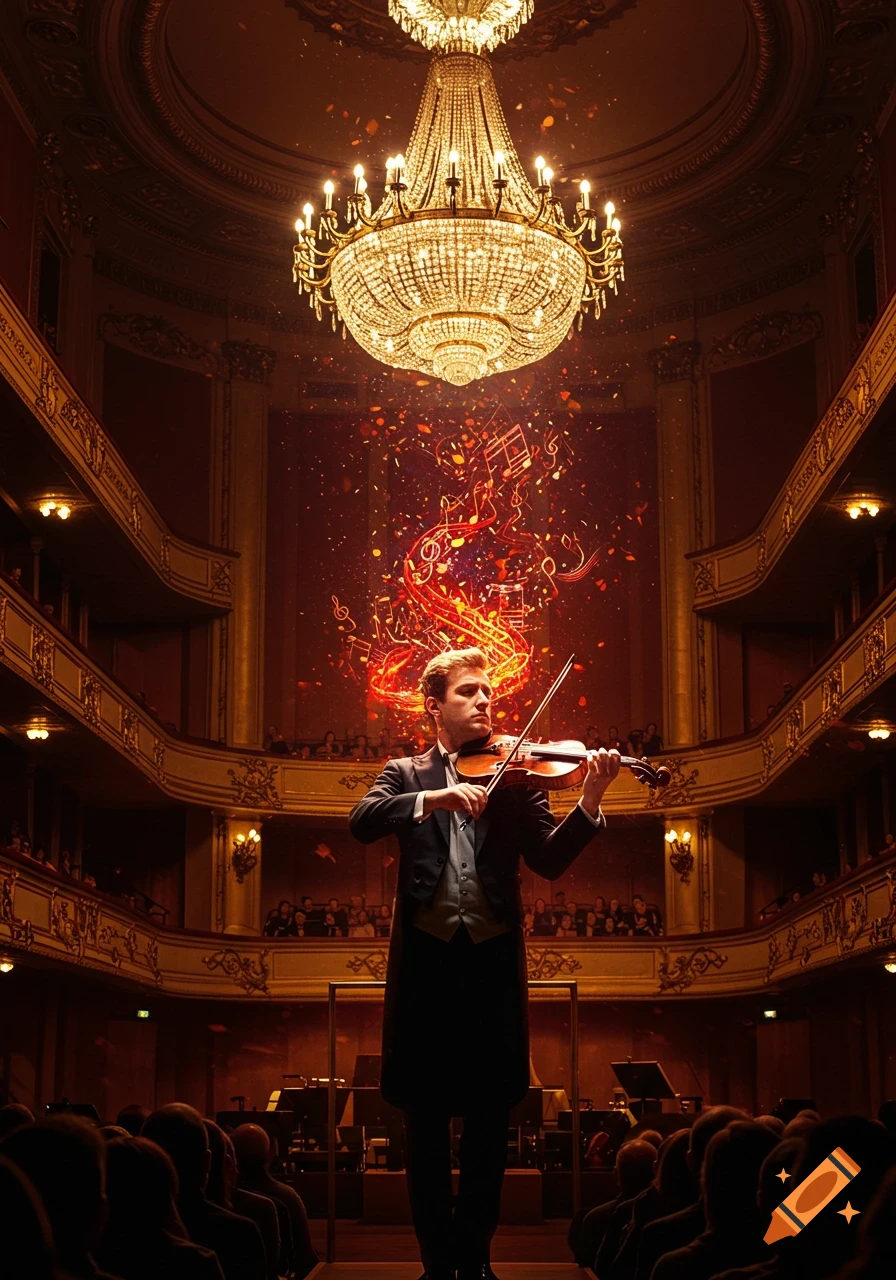 A male violinist plays in a grand concert hall under a chandelier, with glowing musical notes rising dramatically behind him. Photorealistic.