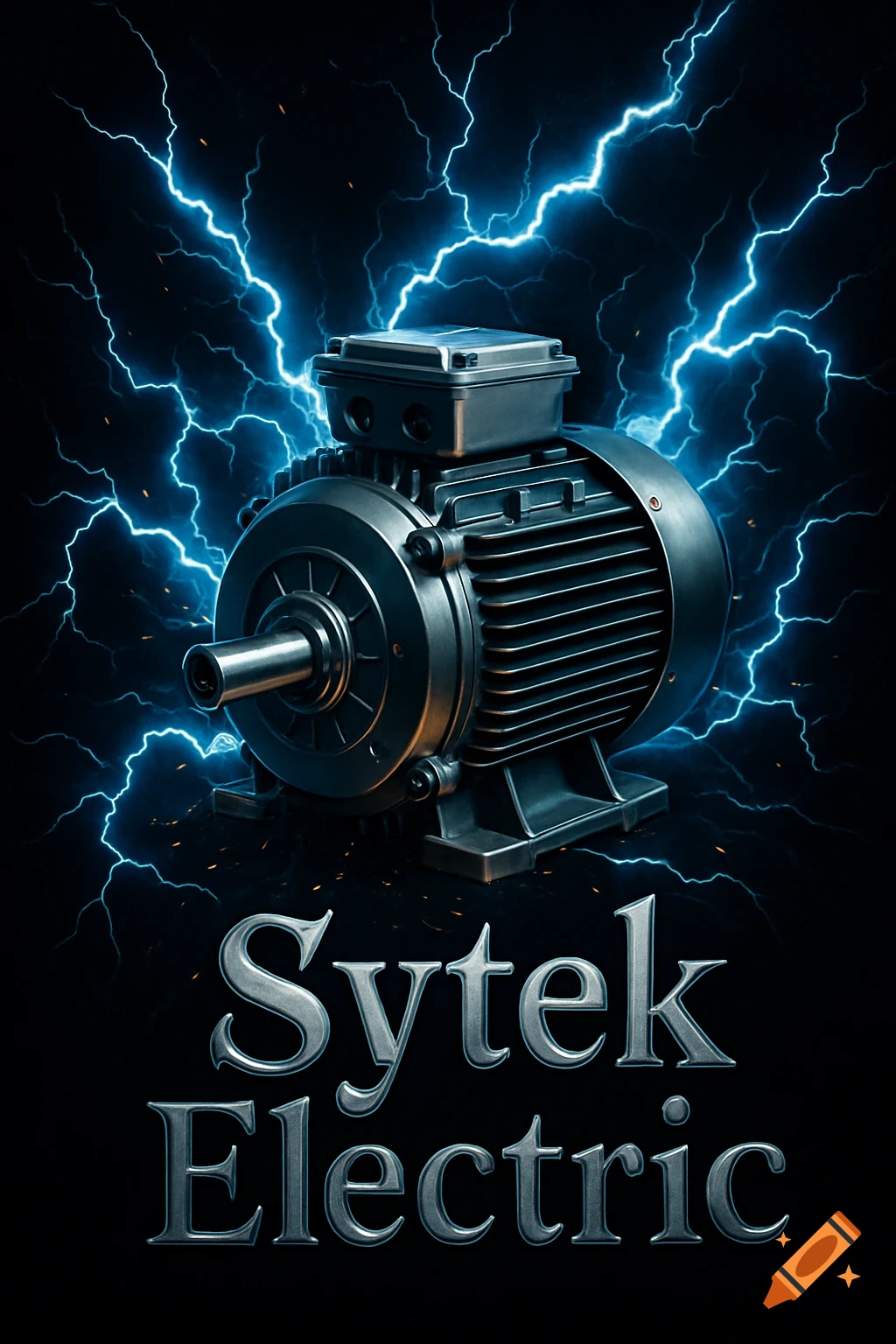 An electric motor with glowing blue lightning bolts in the background, featuring the text 'Sytek Electric' below.
