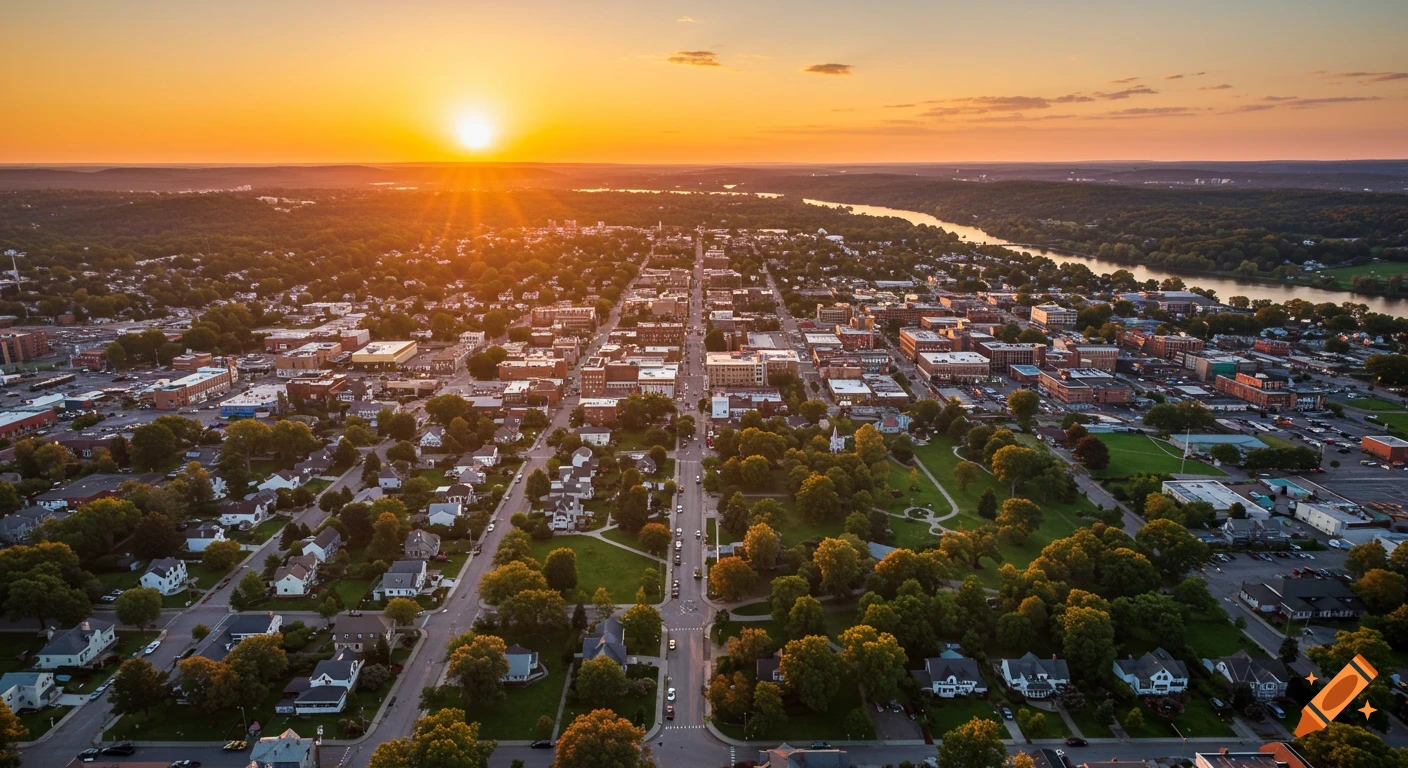 Photorealistic aerial view of a vibrant town at sunset, featuring buildings, green trees, and a winding river.