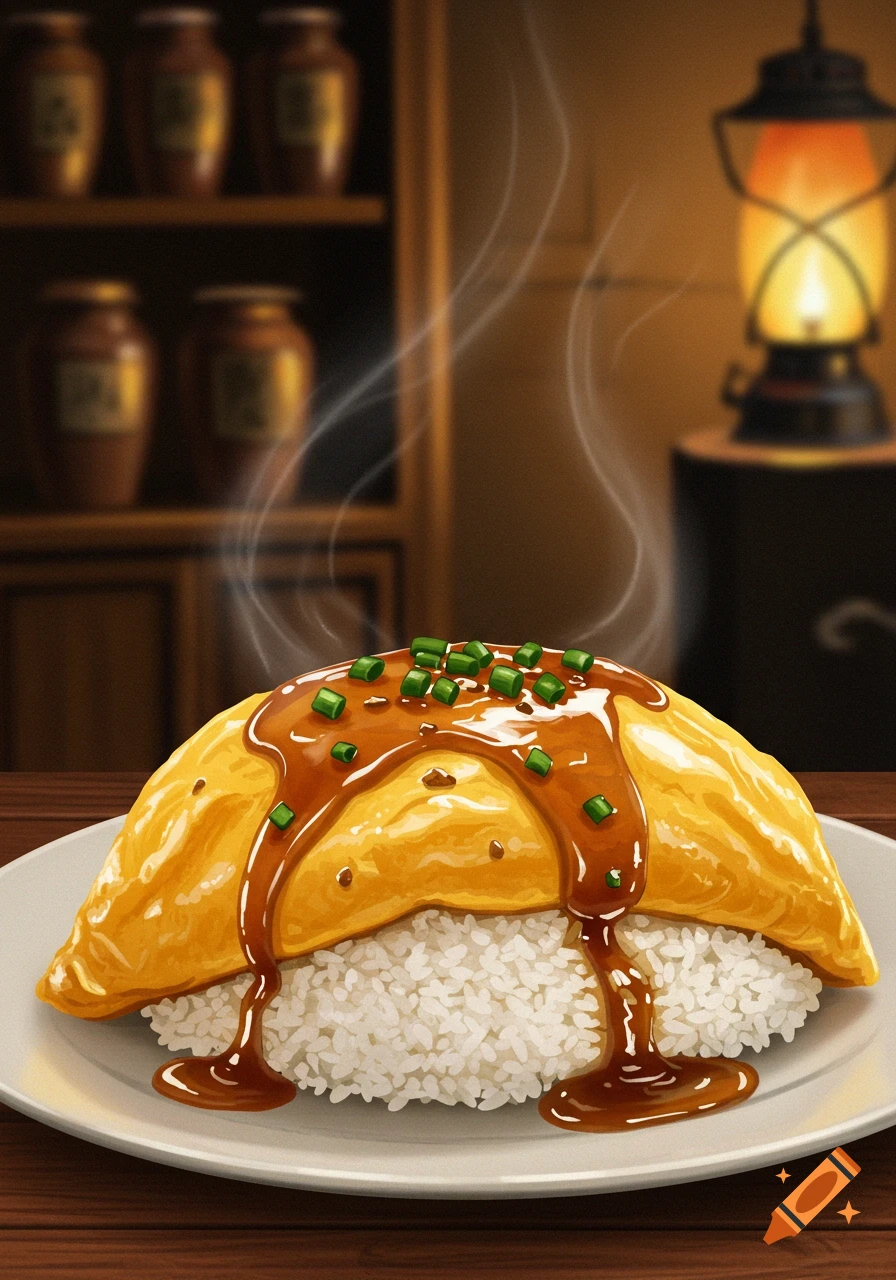 A steaming plate of omurice (omelette rice) topped with savory brown sauce and chopped green onions on a wooden table, with a blurry background.