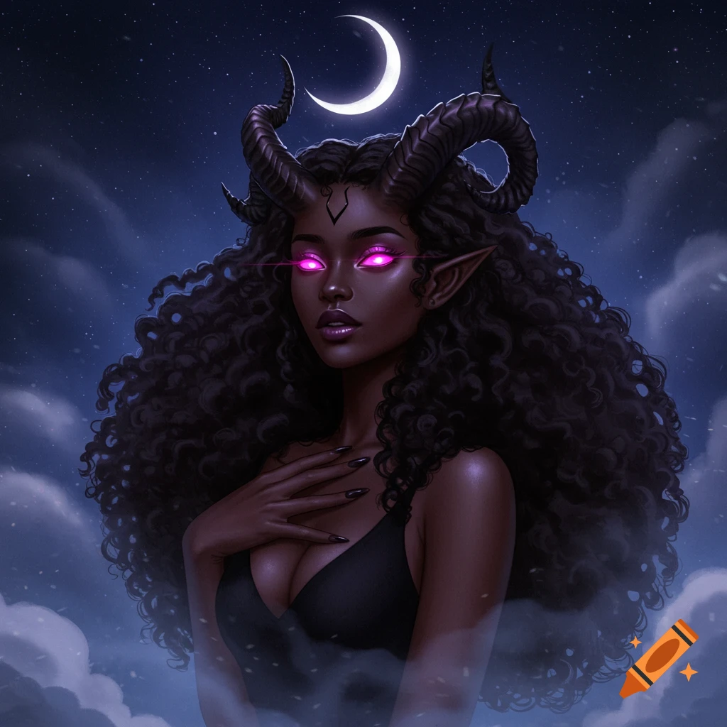 Digital art of a dark-skinned demon woman with curly black hair, horns, glowing pink eyes, under a crescent moon in a starry night.