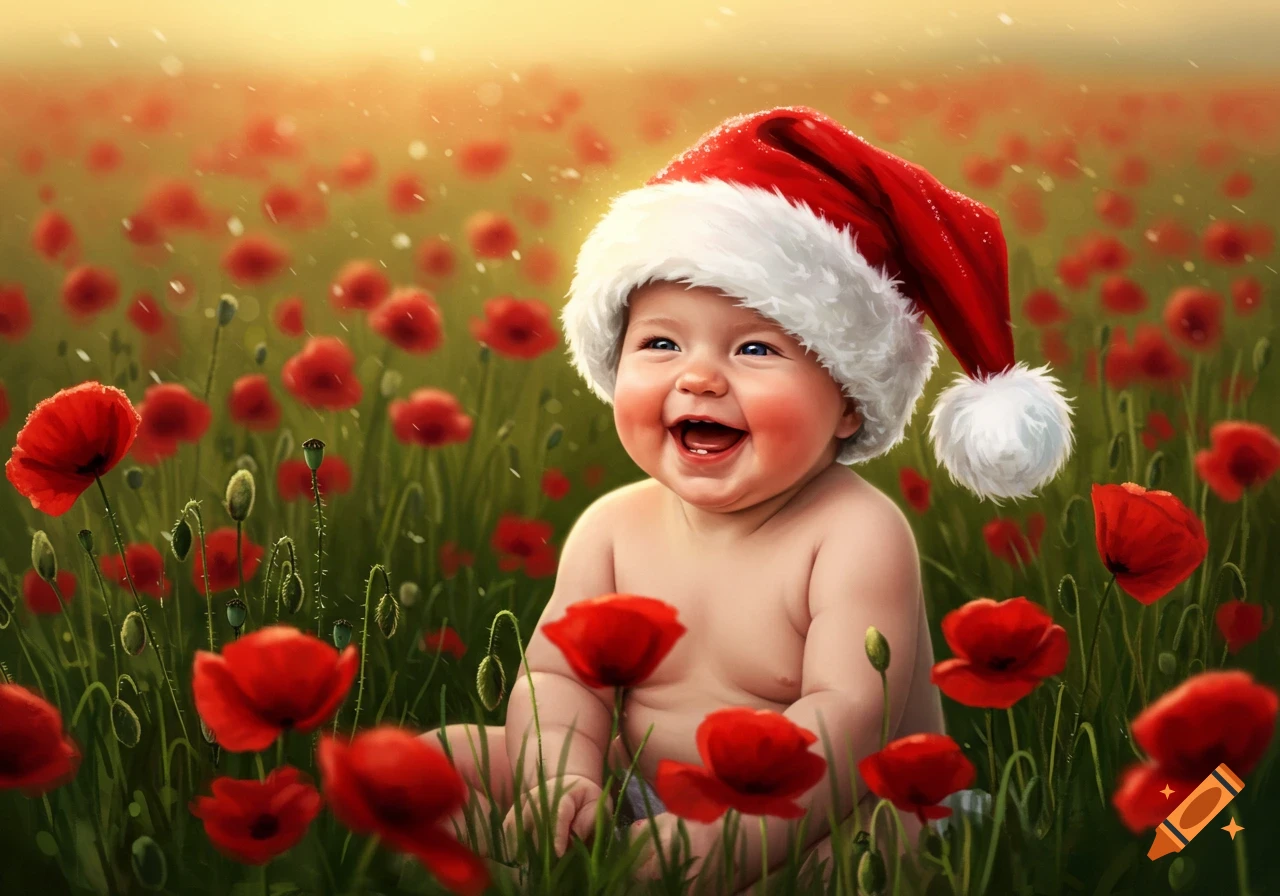 Smiling baby in a Santa hat sits in a field of red poppy flowers at sunset, photorealistic style.