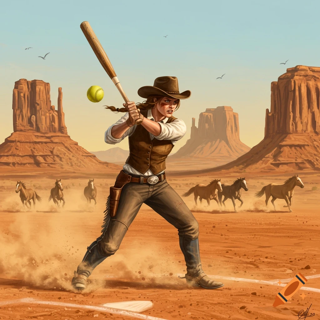 A cowgirl in a desert plays softball, swinging a bat at a yellow ball, with horses and buttes in the background. Digital art.