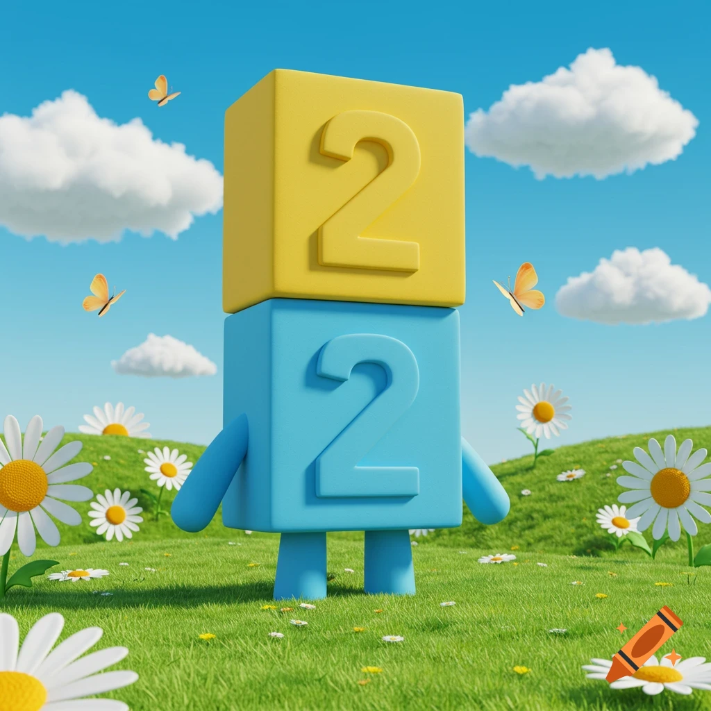 Two stacked blocks, yellow and blue, each with a number 2, stand in a grassy field with daisies and butterflies under a blue sky. 3D cartoon style.