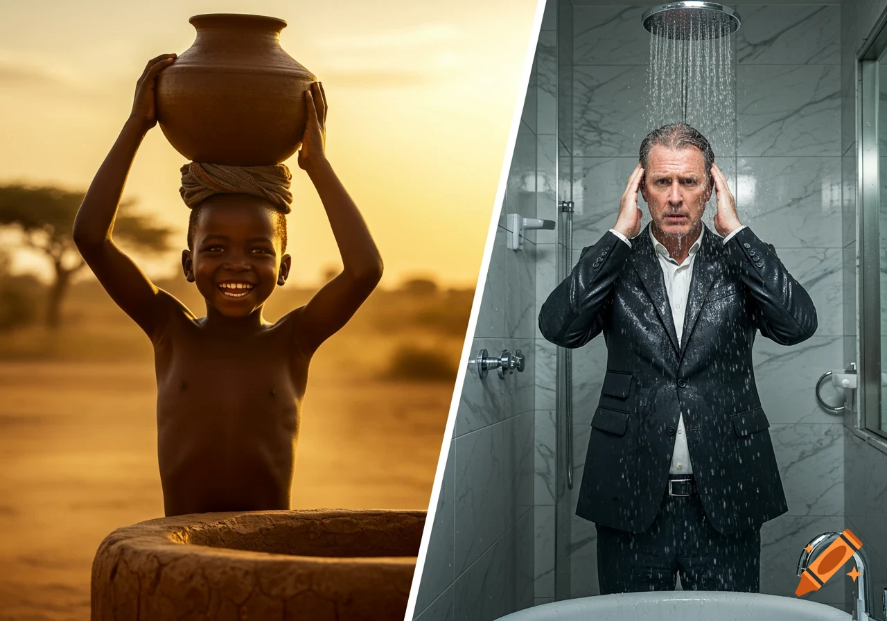 Split image: A smiling African boy carries a water pot on his head in a dry, sunny landscape; a man in a suit showers unhappily in a modern bathroom.