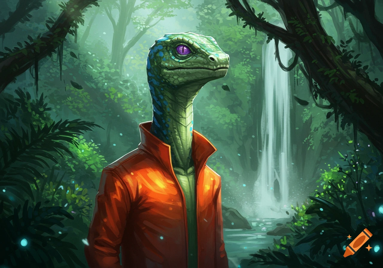 A green reptilian humanoid in an orange jacket stands in a lush jungle with a waterfall.