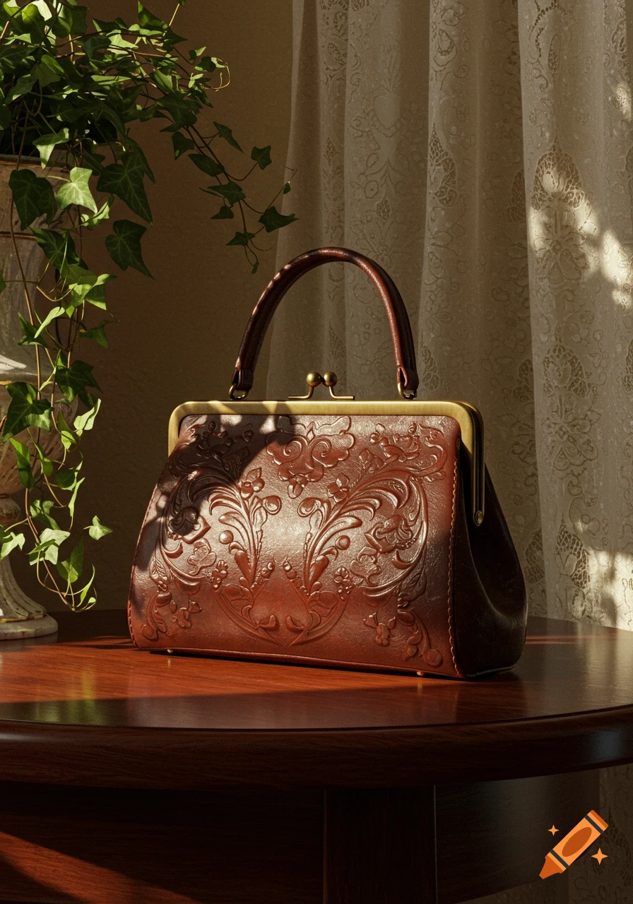 Brown leather handbag with embossed floral patterns on a wooden table, bathed in sunlight, with a plant and patterned curtain in the background.