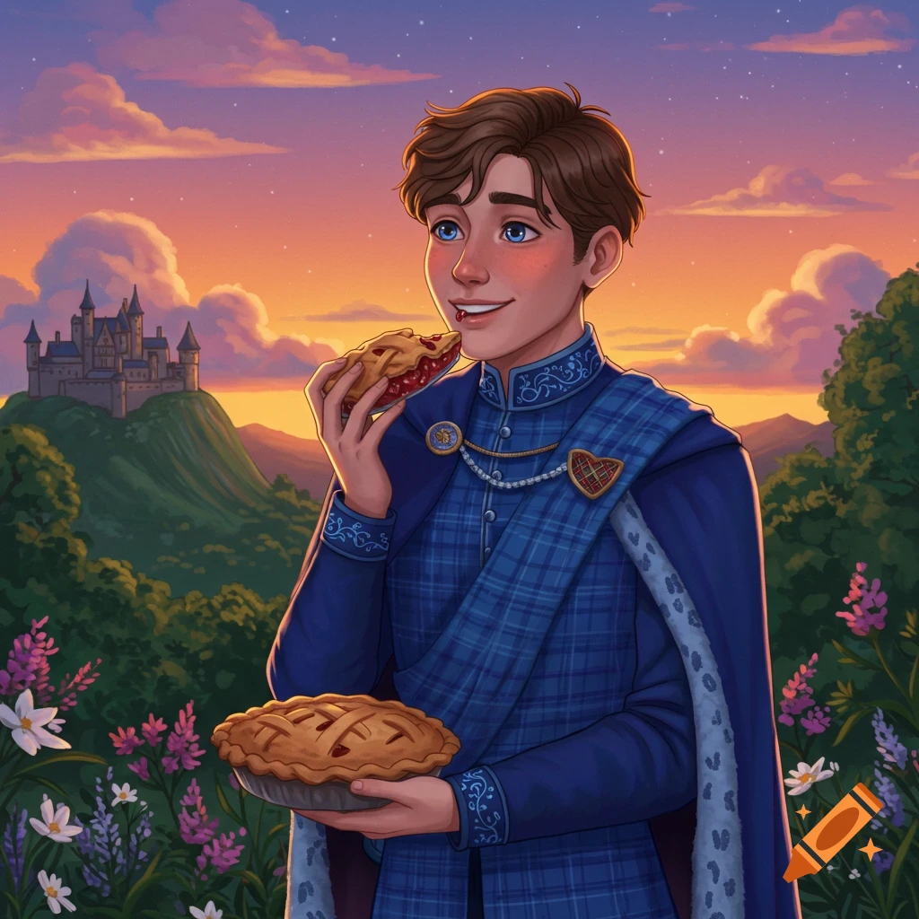 Young prince in a blue plaid outfit eats pie in a lush field with a castle at sunset, illustration style.