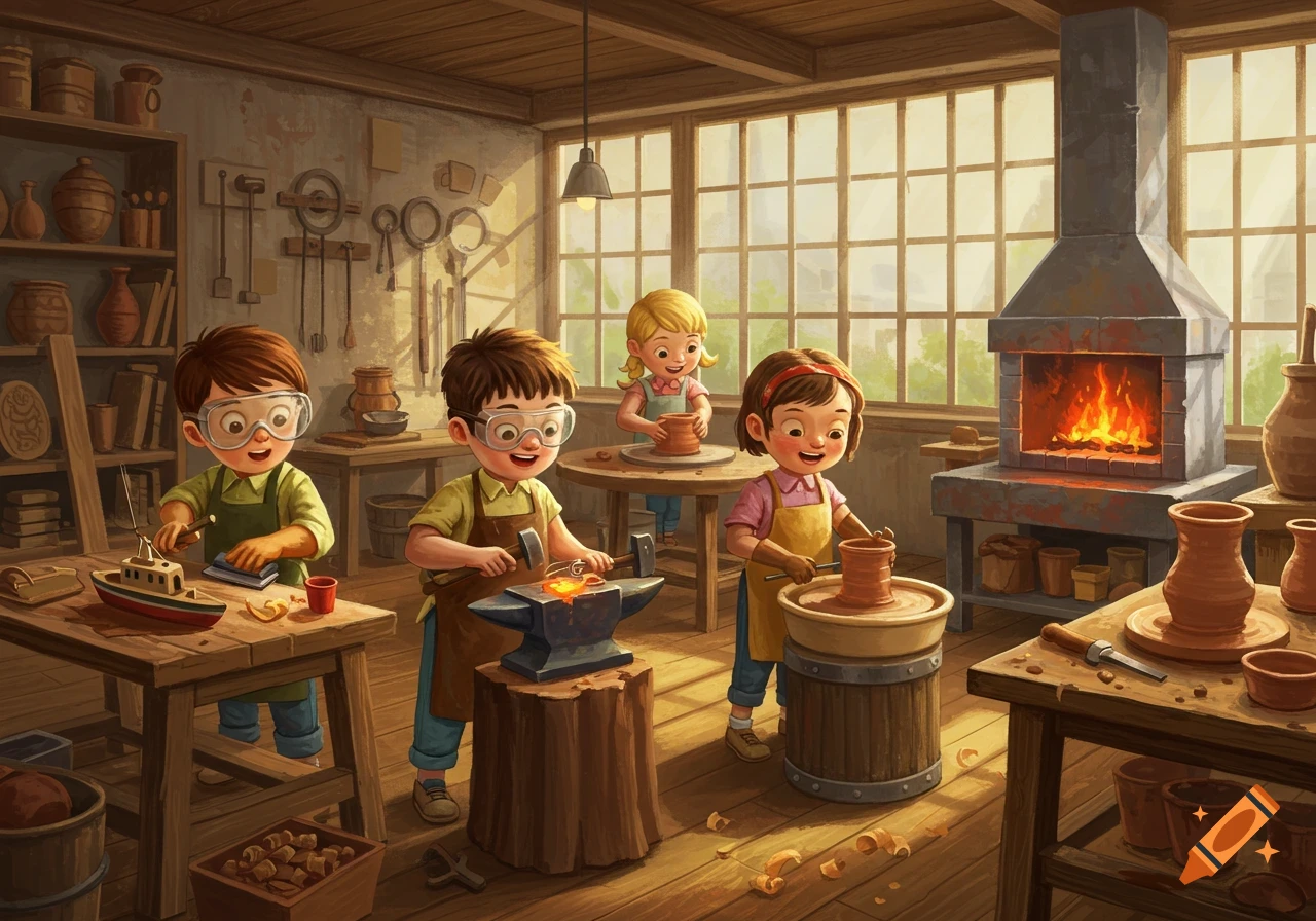 Illustrated scene of four happy children doing crafts in a sunlit workshop, building a boat, blacksmithing, and making pottery.