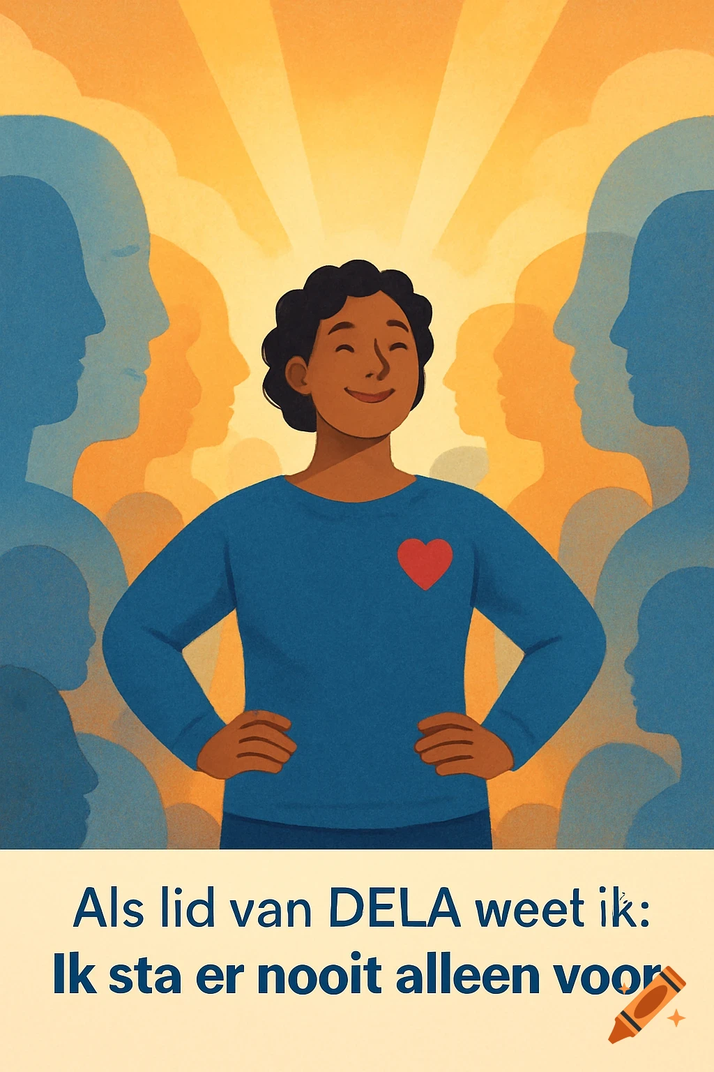 Illustration of a smiling person with a red heart, surrounded by supportive silhouettes. Text: 'Als lid van DELA weet ik: Ik sta er nooit alleen voor.'