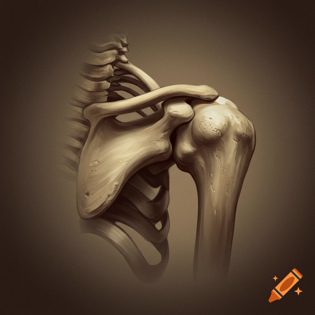 An anatomical illustration of the human shoulder skeleton, featuring the clavicle, scapula, and upper ribs in a sepia tone.