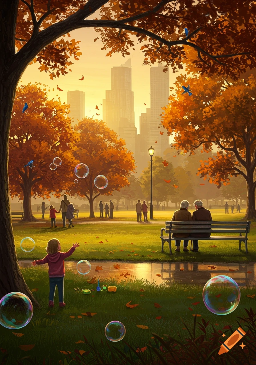 Vibrant illustration of an autumn park scene with a child playing with bubbles, an elderly couple on a bench, and a city skyline at sunset.