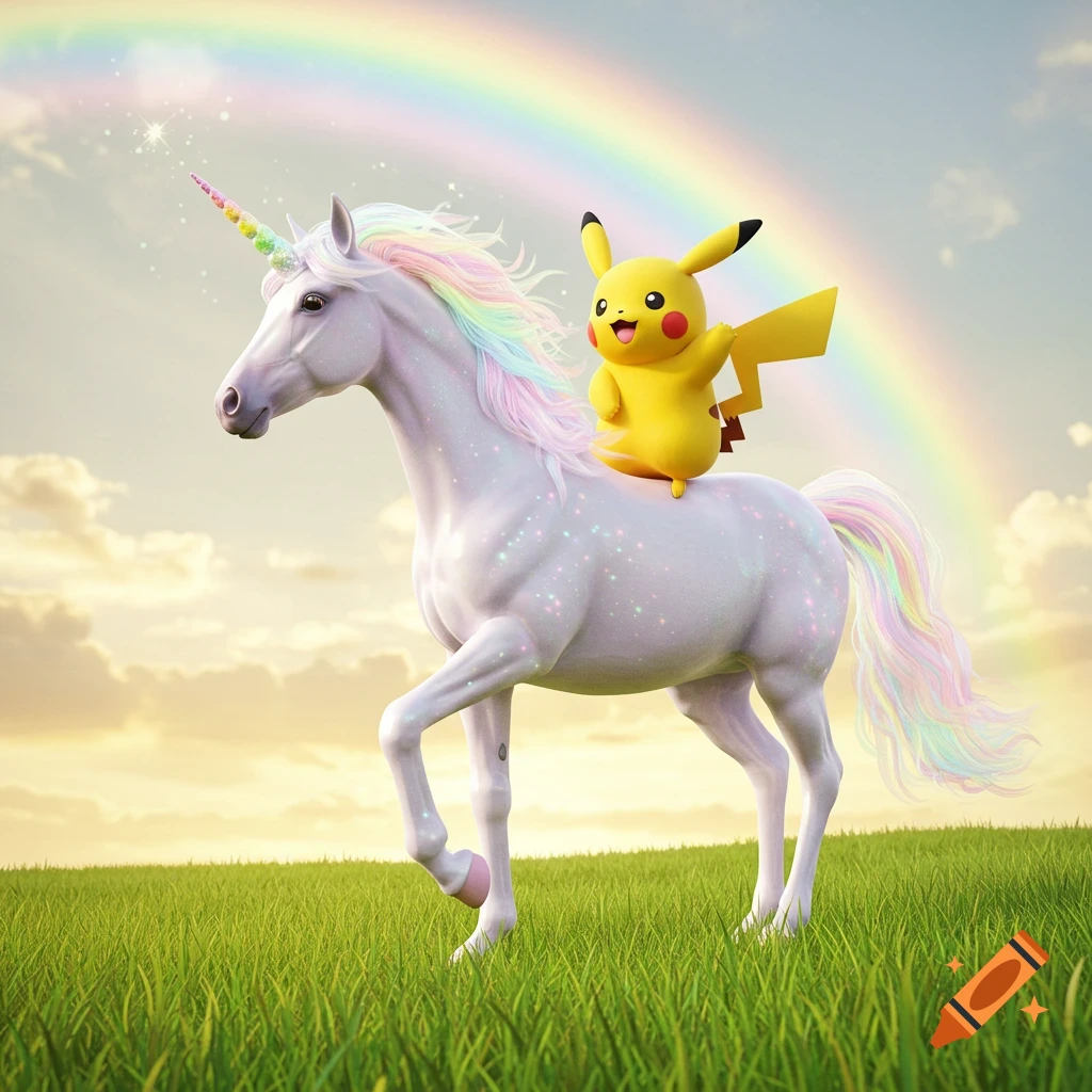 A bright yellow Pikachu rides a majestic white unicorn with a rainbow mane and tail in a green field under a rainbow.