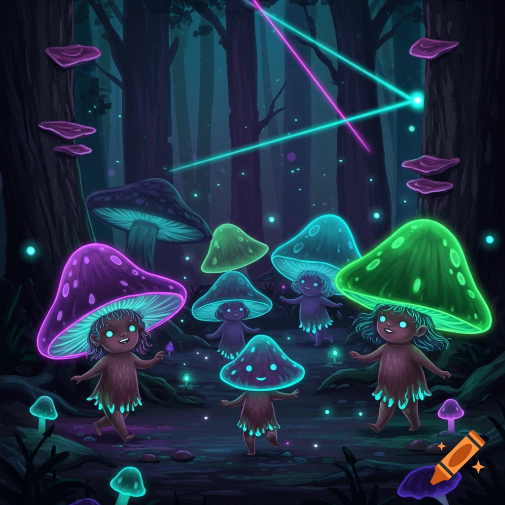 Glow-in-the-dark mushroom children dance through a magical forest with neon lights creating a rave atmosphere.