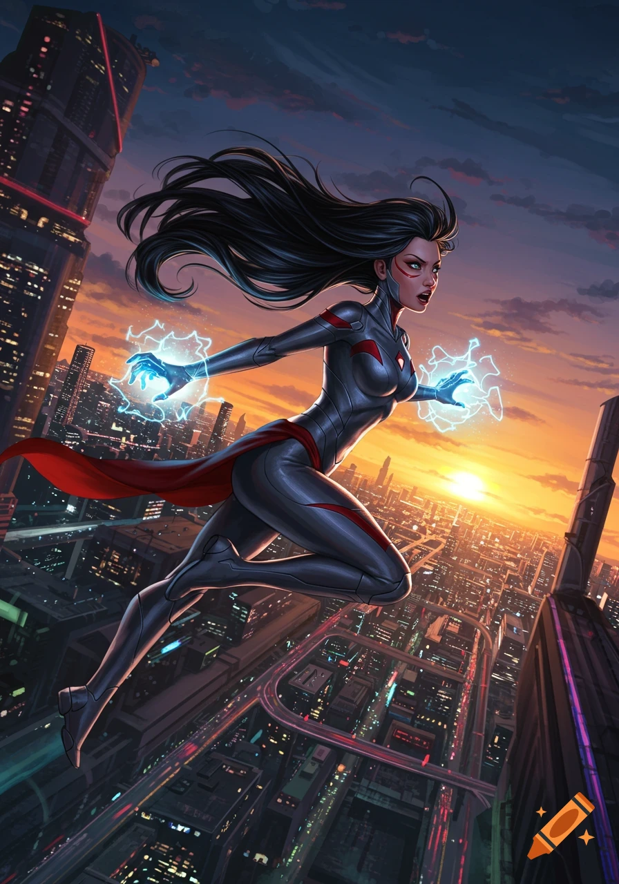 A superhero girl with long black hair flies over a futuristic city at sunset, generating blue energy with her hands. Comic art style.
