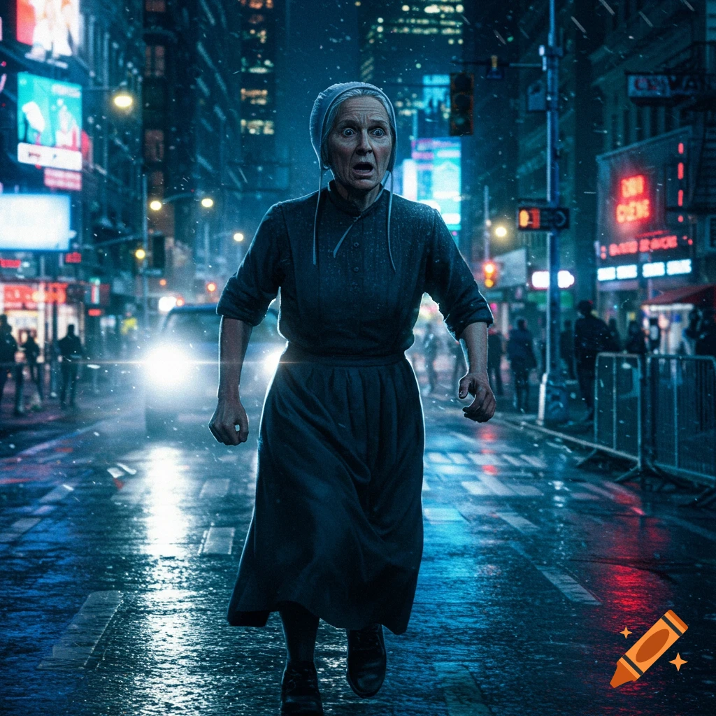 An Amish woman in a bonnet and dark dress runs down a rainy, neon-lit city street at night, looking shocked as a car approaches from behind.