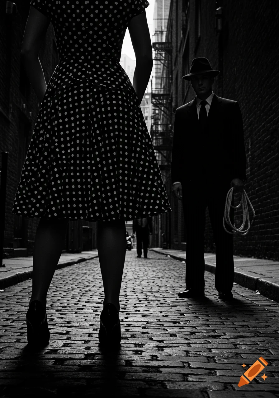 A low-angle black and white image shows a woman in a polka dot dress from behind, facing a man in a suit and hat holding rope in a dark alley.