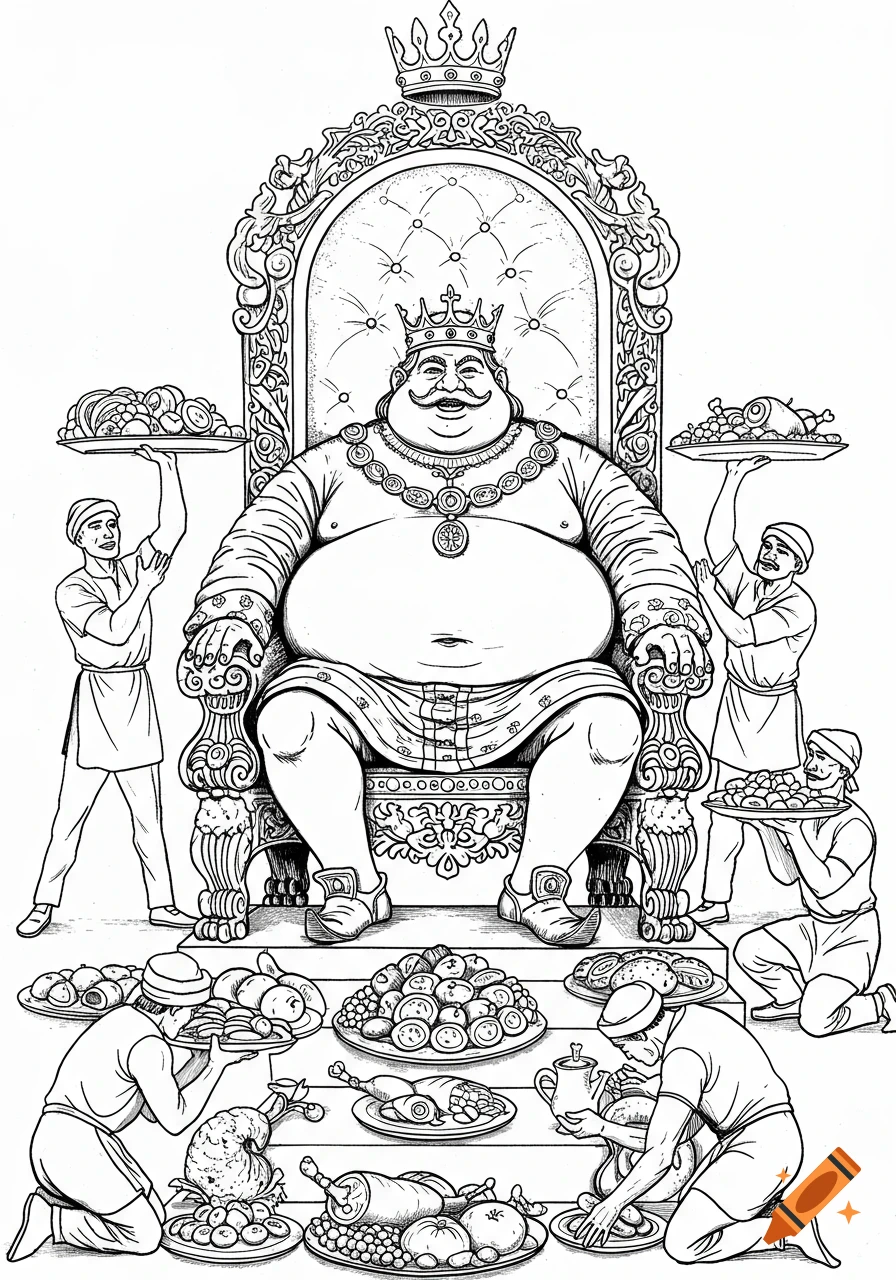 Outline drawing of a very fat king on an ornate throne, surrounded by servants offering plates piled high with food.