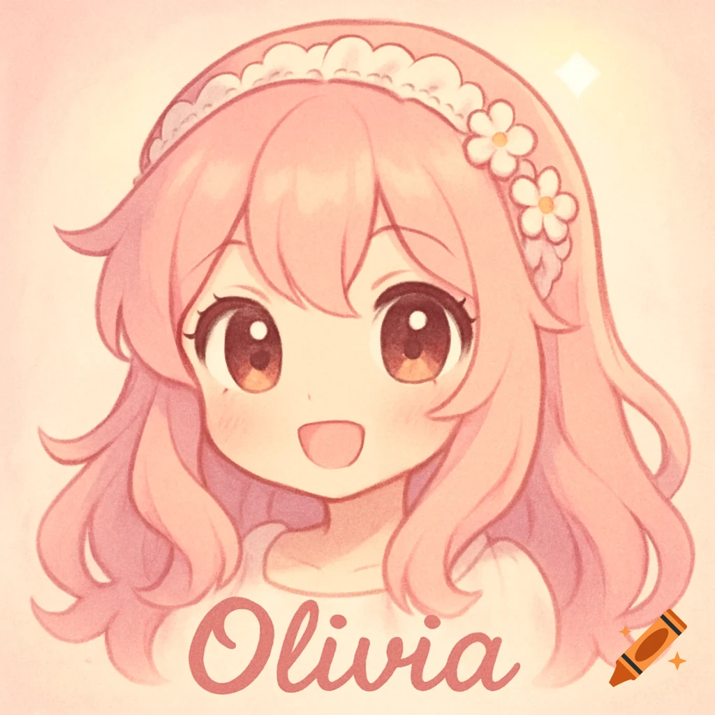 Cute anime portrait of a pink-haired girl with big brown eyes, smiling, wearing a floral headband. The name 'Olivia' is at the bottom.