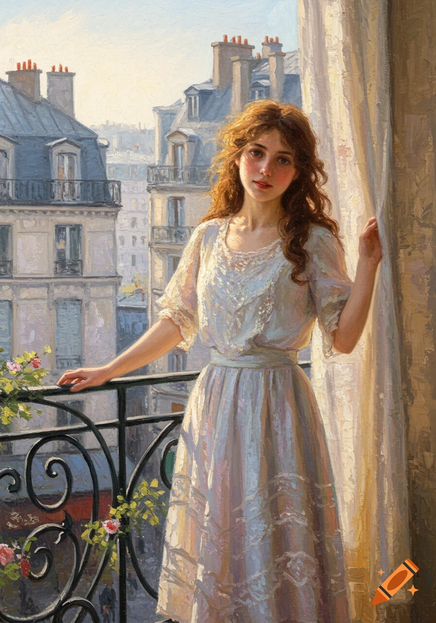 Impressionistic painting of a young woman on a Parisian balcony overlooking the city.