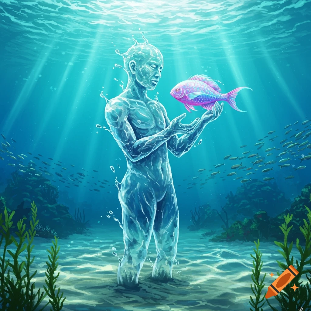 A translucent water person holding a glowing pink and blue fish underwater with schooling fish and light rays in the background.