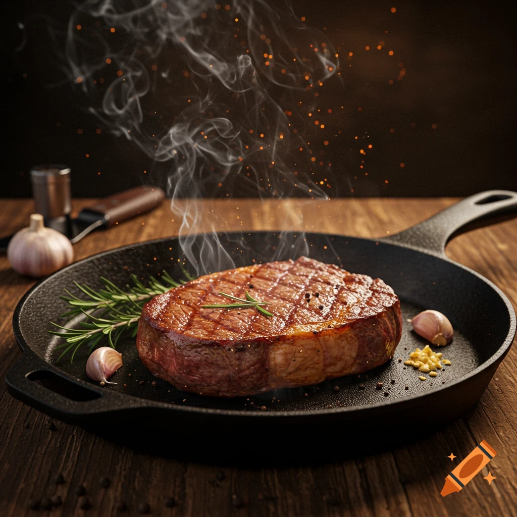 A sizzling, seared steak with grill marks, rosemary, and garlic in a black cast iron pan, with steam rising and sparks. Photorealistic.