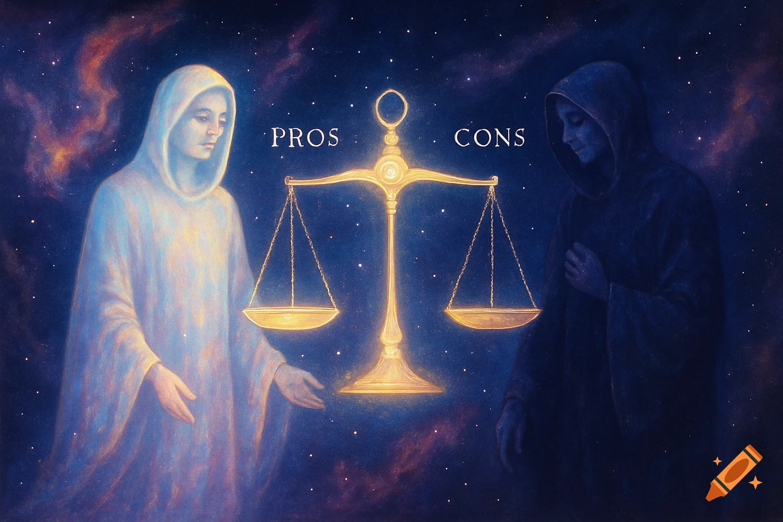 Two hooded figures, one light and one dark, flank a golden scale with 'PROS' and 'CONS' on a starry cosmic background, in a painterly style.