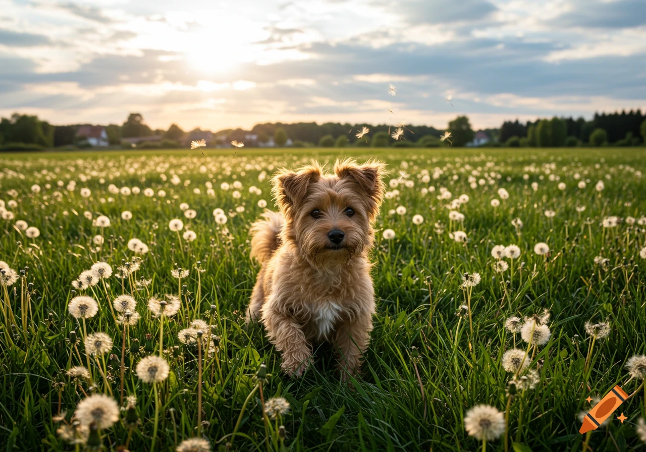 A cute shaggy brown dog stands in a sunlit field of dandelions at sunset, with seeds floating in the air.