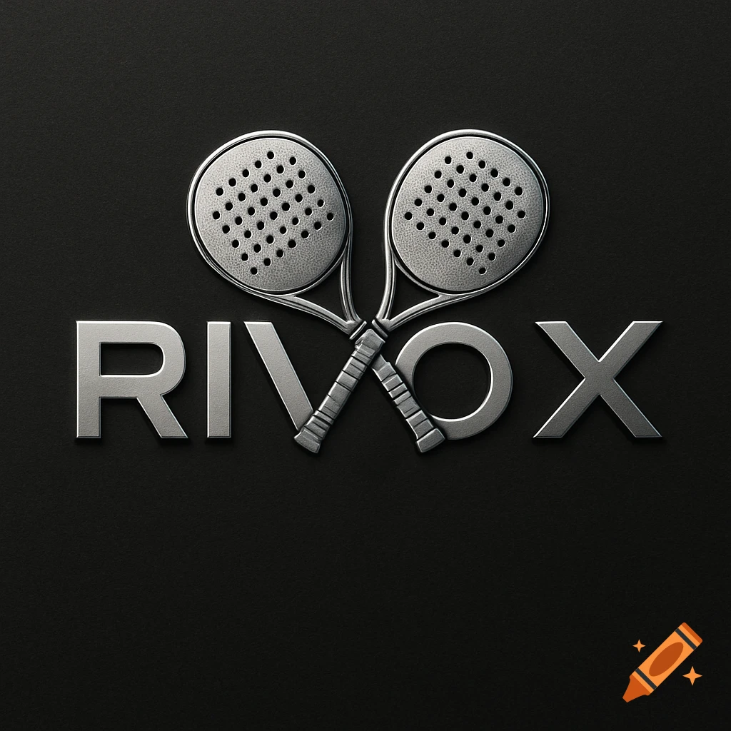 Silver metallic logo for RIVOX, with two overlapping padel rackets forming the 'X' on a dark background.