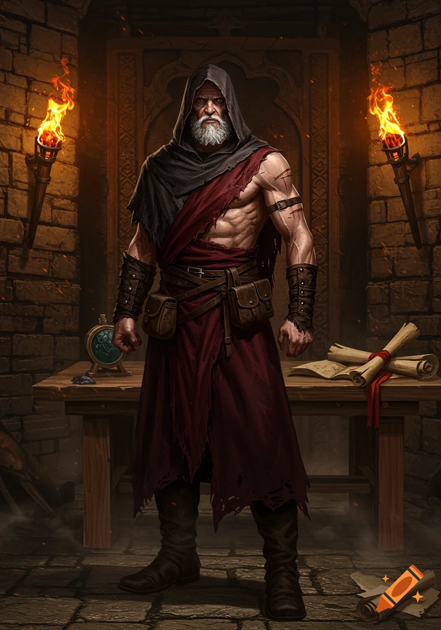 A muscular, hooded old man with a white beard stands in a torch-lit stone room, with scrolls on a table beside him, in a detailed fantasy art style.