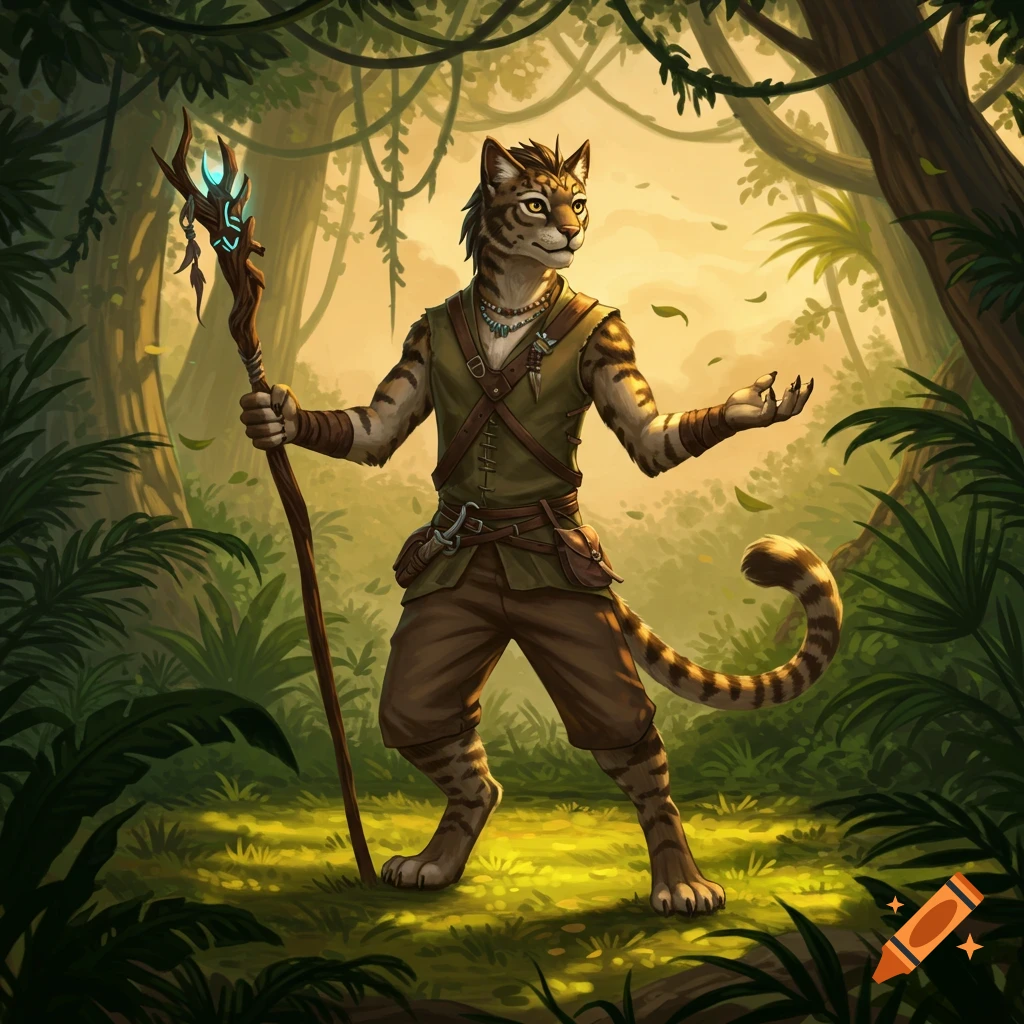 A proud bipedal cat-person (Tabaxi) in fantasy attire stands in a lush jungle, holding a glowing staff. Digital painting.
