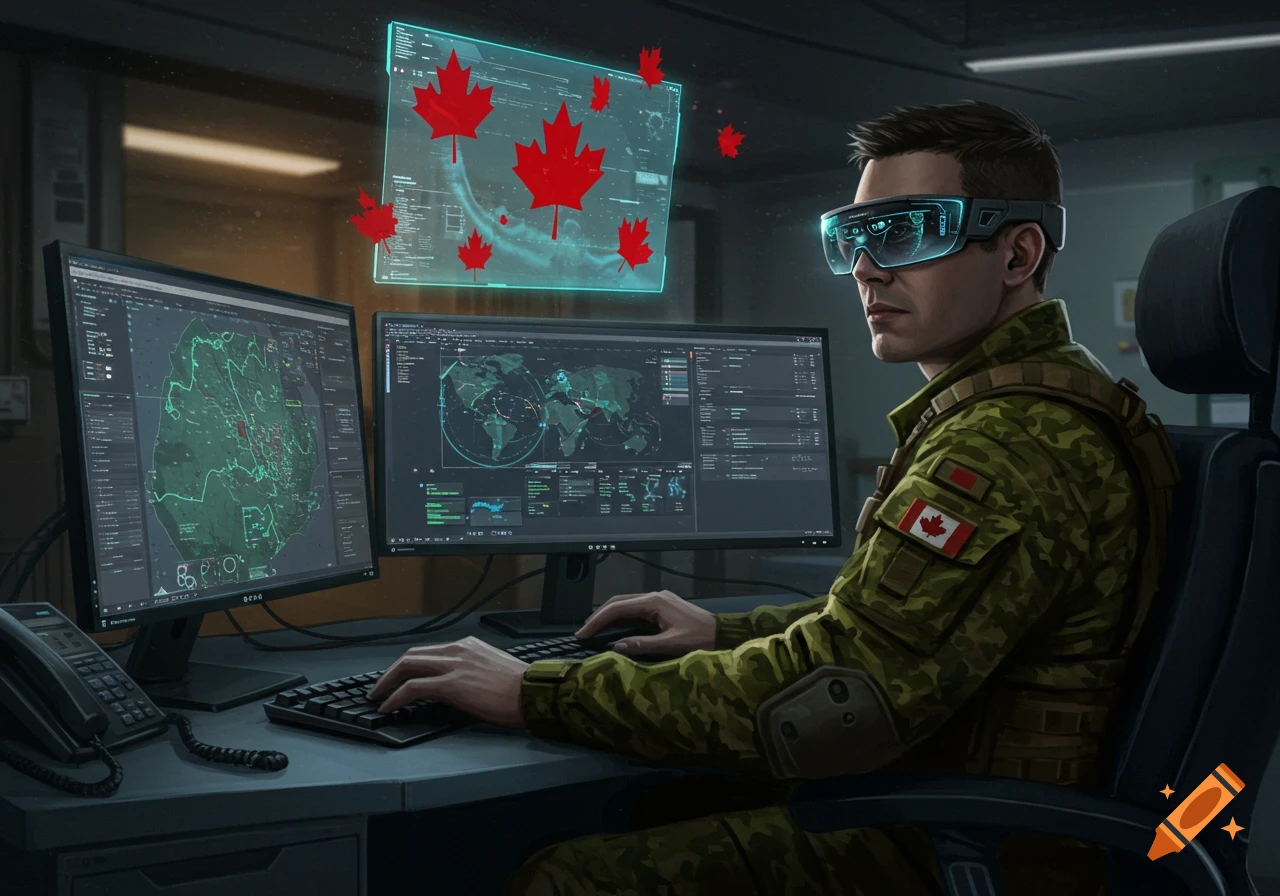 Canadian soldier in camouflage and VR goggles types at a desk with two monitors displaying maps and data, and holographic maple leaves.
