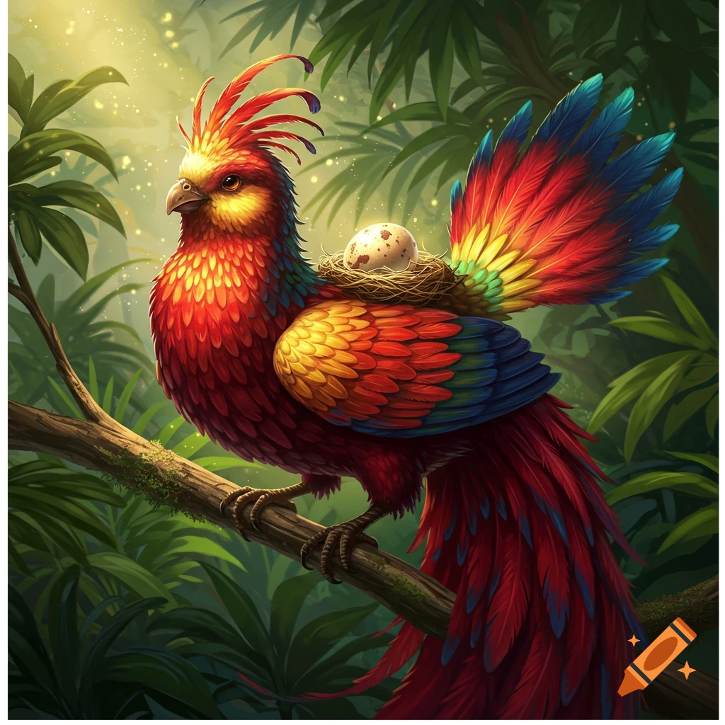 A vibrant, fantastical bird with red, orange, blue, and green feathers sits on a branch, carrying a nest with an egg on its back.