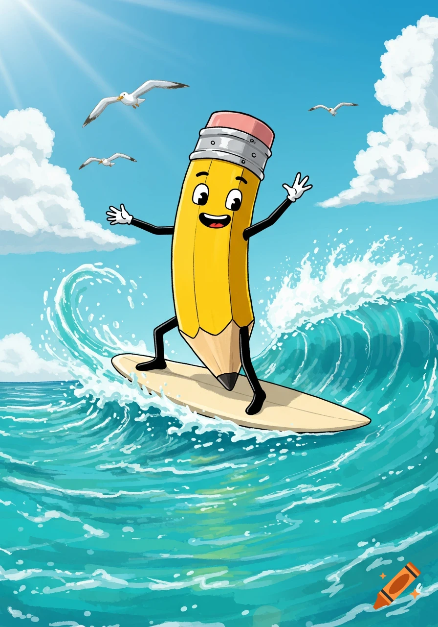 A happy cartoon pencil with arms and legs surfs on a large blue wave under a sunny sky with seagulls flying.