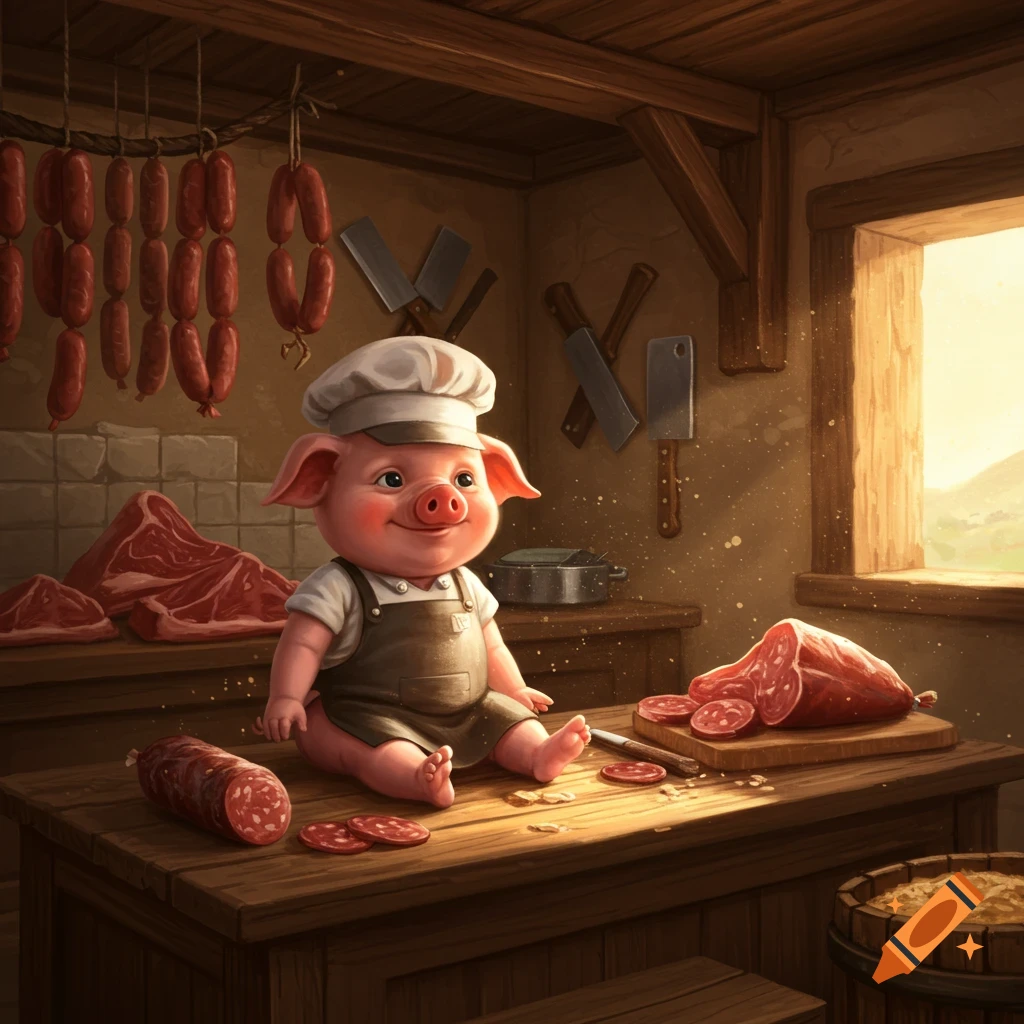 A cute cartoon baby pig in a chef's hat and apron sits on a wooden table surrounded by raw meat and sausages in a rustic butcher shop.