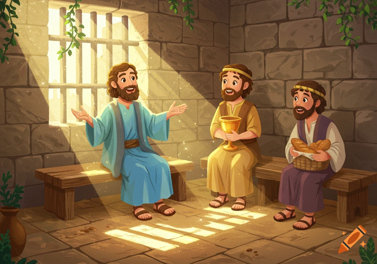 Cartoon illustration of three bearded men in a prison cell, one speaking to two others on a bench, one holding a golden cup and the other a basket of bread, with sunlight streaming through a barred window.