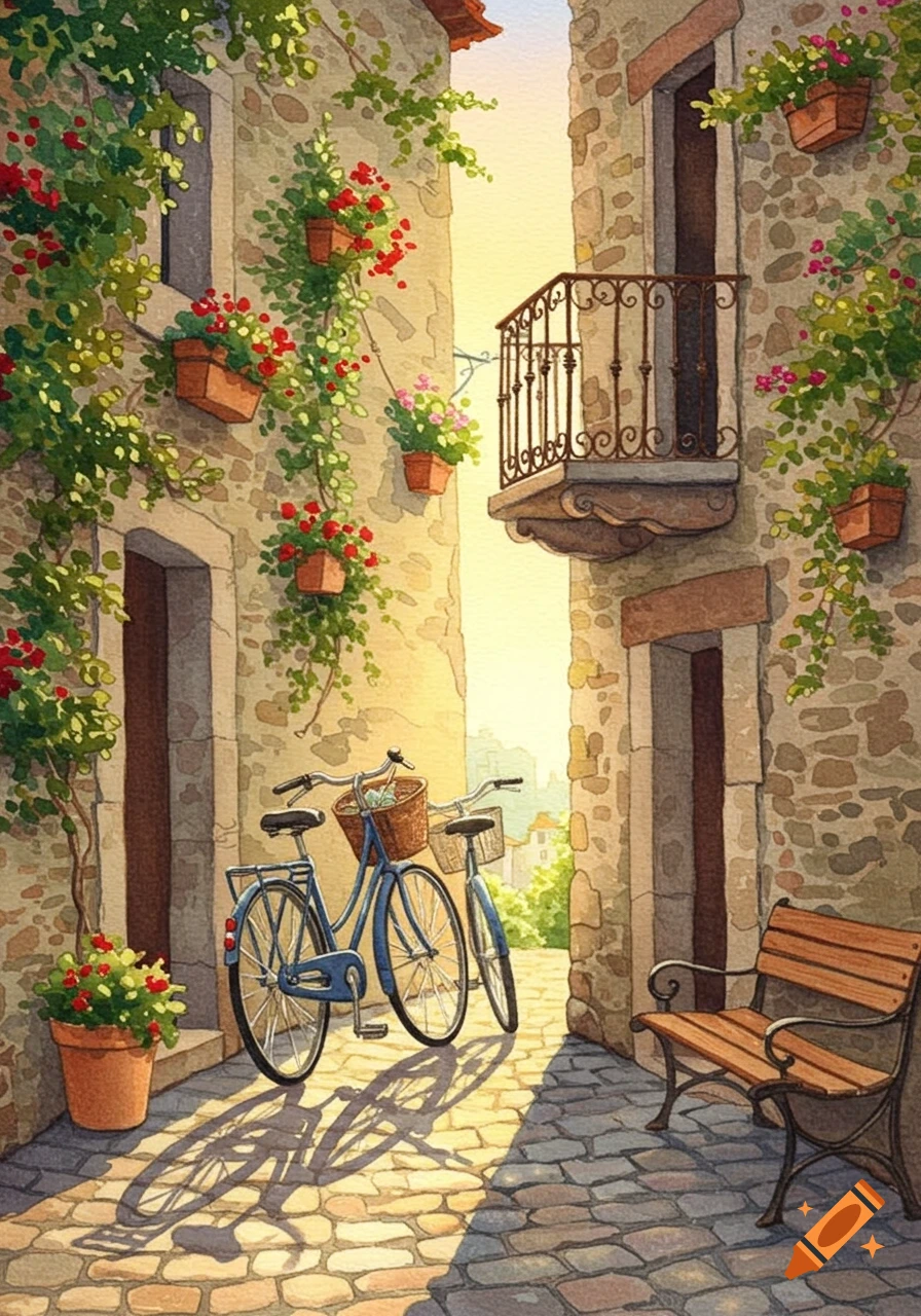 Watercolor painting of a narrow European street between stone buildings, adorned with climbing vines and red flowers. Two blue bicycles and a wooden bench rest on cobblestones, bathed in warm sunlight.
