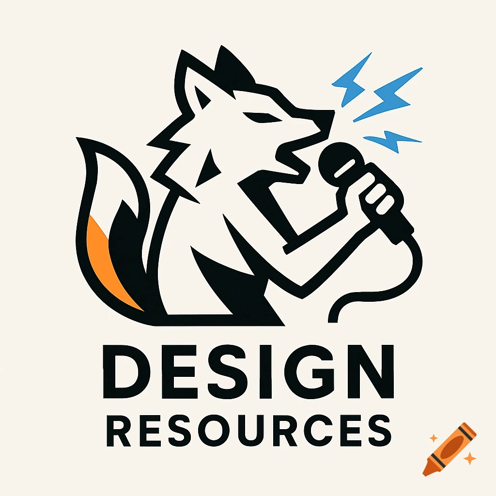 Minimalist vector logo of a white and black fox holding a microphone, with blue lightning bolts, and text 'DESIGN RESOURCES' below.