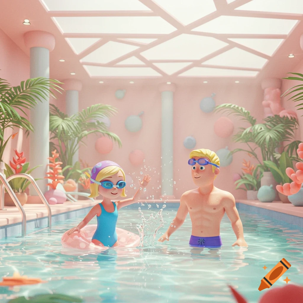 Blonde woman and man in swimwear splashing in a pastel indoor pool with tropical plants, Pixar style.