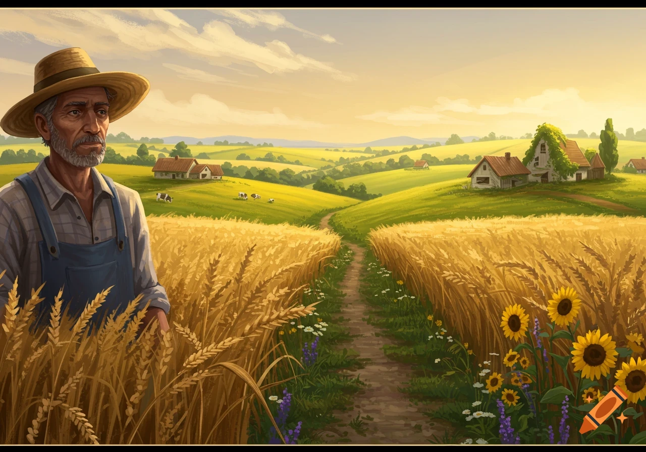 A digital illustration of a weathered farmer standing in a golden wheat field with a dirt path, green hills, houses, and sunflowers under a bright sky.